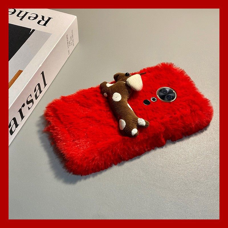 手机壳秋冬毛绒新年红色立体卡通