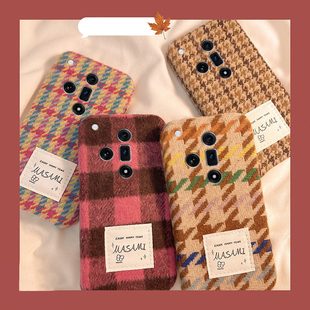 ins风复古千鸟格适用oppofindx8手机壳真我x50pro拼色k12x格子x7秋冬季 realme毛绒findx6pro绒布ultra