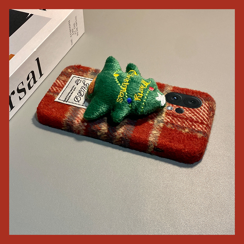 ins风红色格纹适用vivos30promini手机壳s20立体s19pro圣诞树s17t毛绒s16e秋冬季t1保暖s15s12s10s9s7s1绒布p