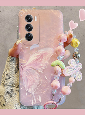 紫色蝴蝶适用opporeno12pro手机壳reno11贝壳纹reon10+十9挂链8夏日7se梦幻6日韩5k硅胶4se软壳3透明oppo新款
