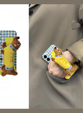 蓝色格子适用三星s24plus手机壳s23+s22十s21ultra立体s20fe腊肠狗手腕带s10卡通note20硅胶10a软32a51galaxy