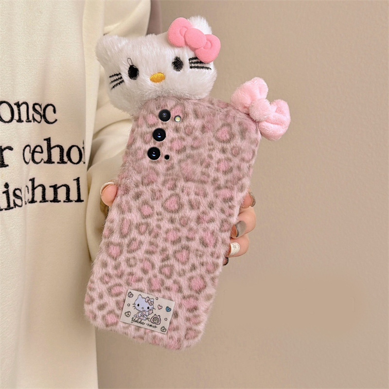 粉色豹纹kt猫适用三星a90手机壳a80蝴蝶结a70s立体a50秋冬季a30毛绒a20毛茸茸a10卡通a52/a8s/galaxy/a53/f52