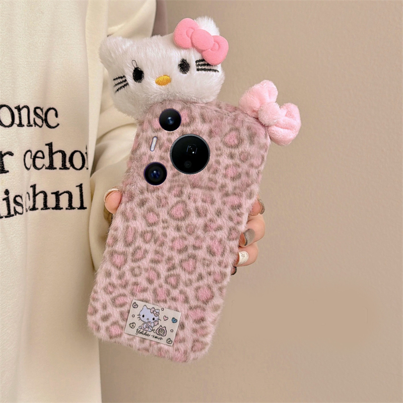 粉色豹纹kt猫适用华为pura80pro+手机壳pura70ultra蝴蝶结p60art立体40por+十p30秋冬季p20毛绒p10plus卡通软