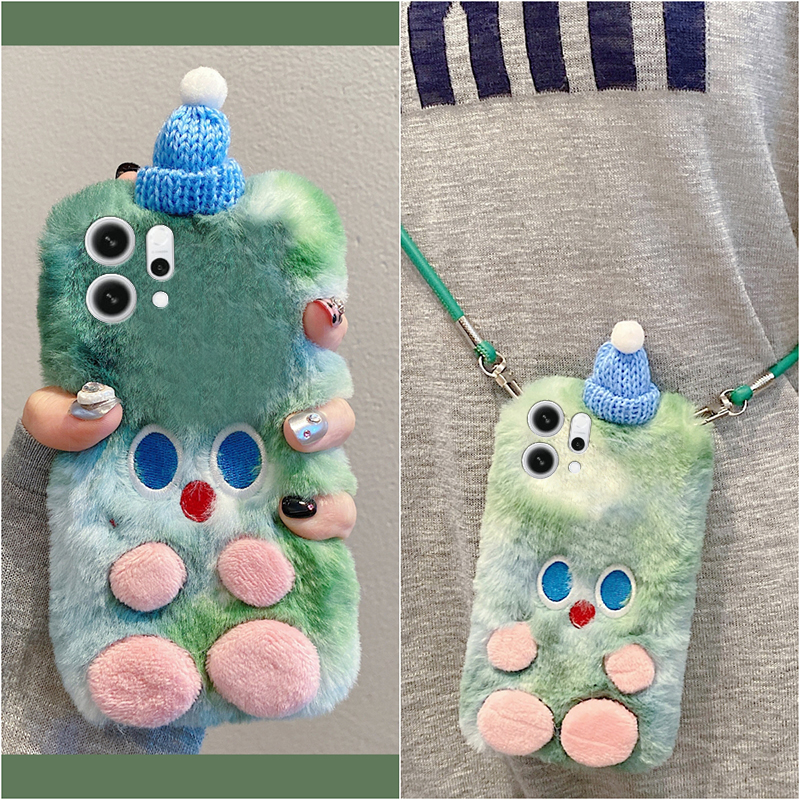 绿色帽子小怪兽适用opporeno14手机壳reon13斜挎12pro可背11秋冬季10por+十9卡通7se毛绒6毛茸茸5k/4se/oppo