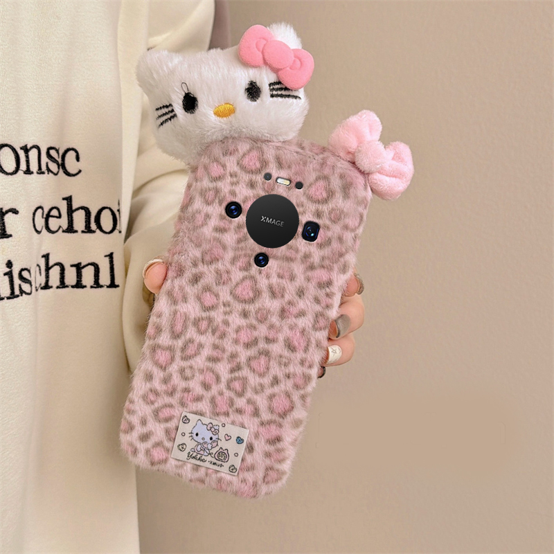 粉色豹纹kt猫适用华为mate80promax手机壳meta70pro+蝴蝶结mata60立体m50e秋冬季rs保时捷设计40e毛绒30十20x