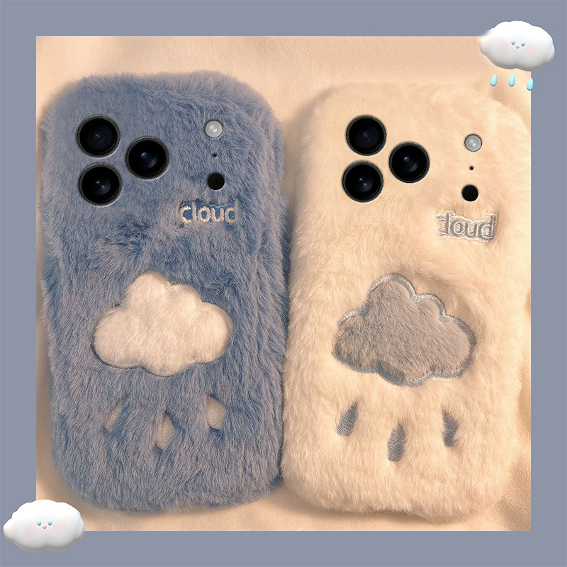 ins风刺绣云朵适用苹果17promax手机壳华为pura80荣耀400pro小米15下雨天vivos30毛绒opporeno14秋冬季x200软