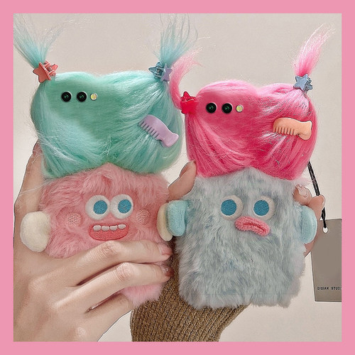 diy辫子怪兽适用三星zfold6手机壳zflip5立体w23flip发夹3趣味zfold2折叠屏秋冬w22毛绒w21硬壳galaxy毛茸茸