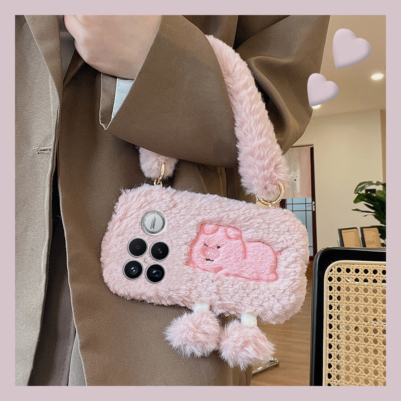 粉色刺绣小猪适用小米红米k90promax手机壳k80手提包k70pro秋冬k60e至尊版k50毛绒turbo4卡通3/k40s/k30i/12x