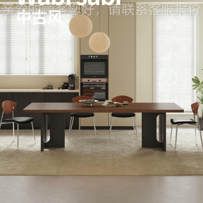 古北欧实木岩餐桌家用长形饭桌黑cy003胡桃板纹下挂岩板中风方餐