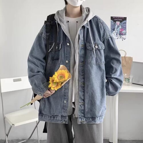 拼接连帽牛仔外套男春秋季机能bf风潮流宽松休闲情侣工装夹克上衣
