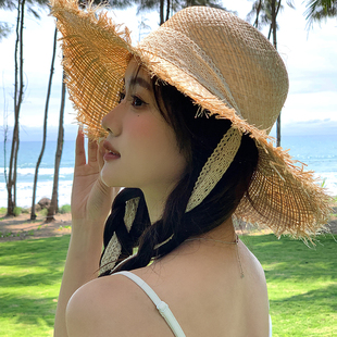 海边度假出游防晒遮阳沙滩帽 日系甜美手工编织系带平顶草帽女夏季