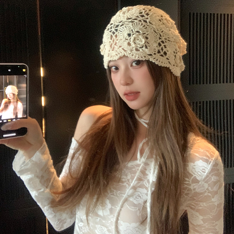 粥可可手工编织钩针镂空帽子女春秋高级感薄款白色针织包头蕾丝帽