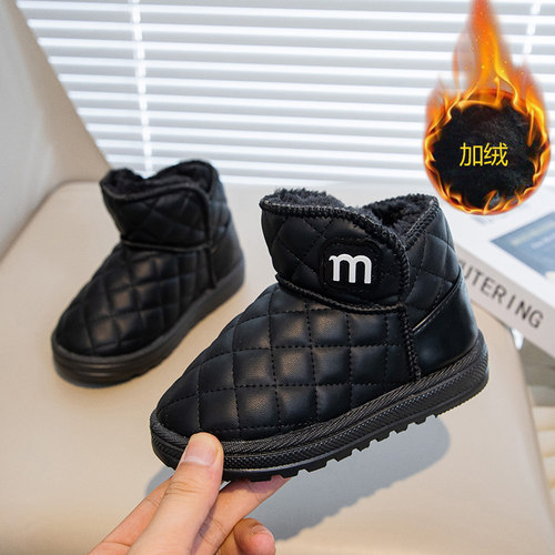 儿童雪地靴冬季新款男童保暖防滑皮面童鞋小女孩加绒加厚防水棉鞋