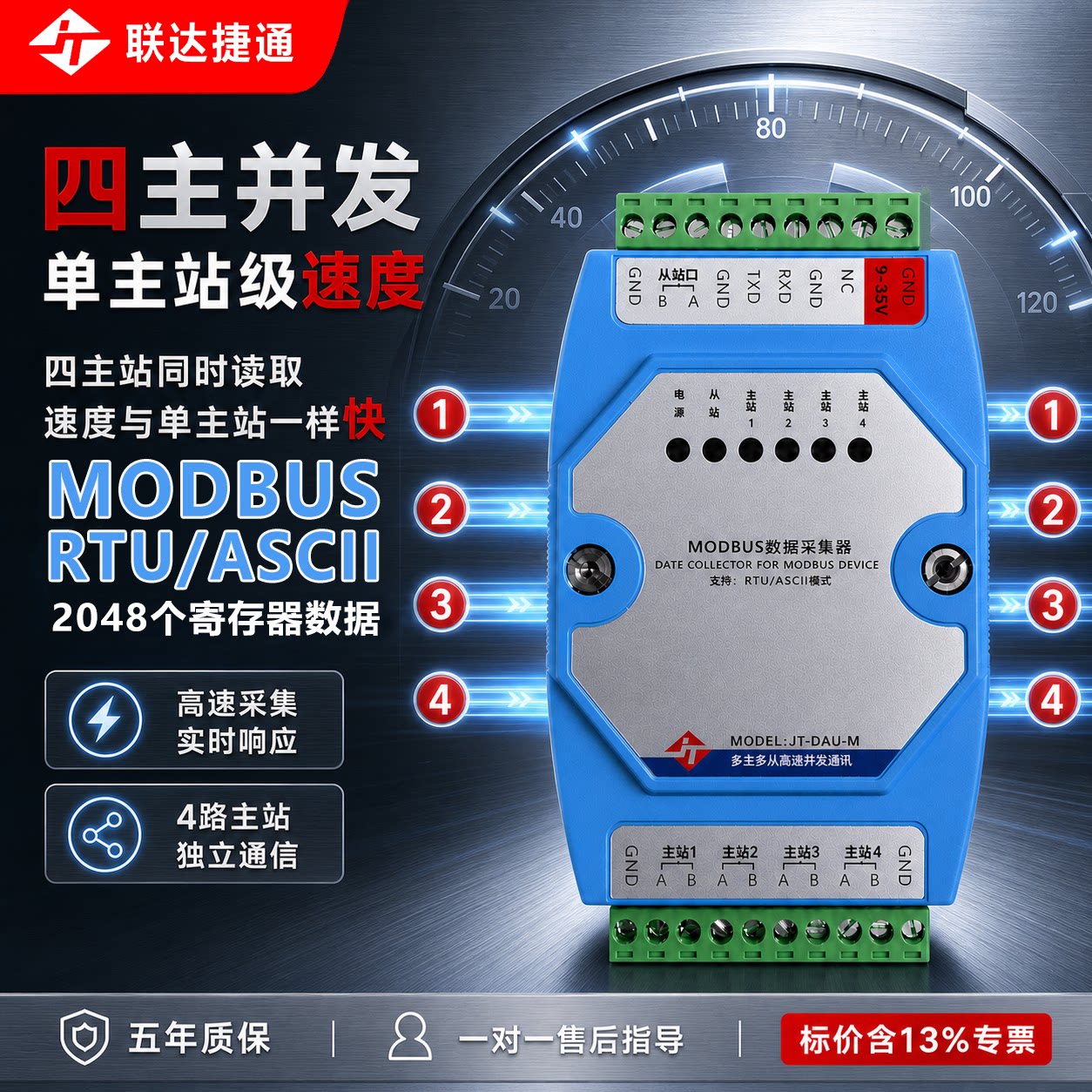 联达捷通 MODBUS数据采集器485集线器 并网 支持RTU/ASCII模式多主站多通道高速通讯 光电隔离 多主多从