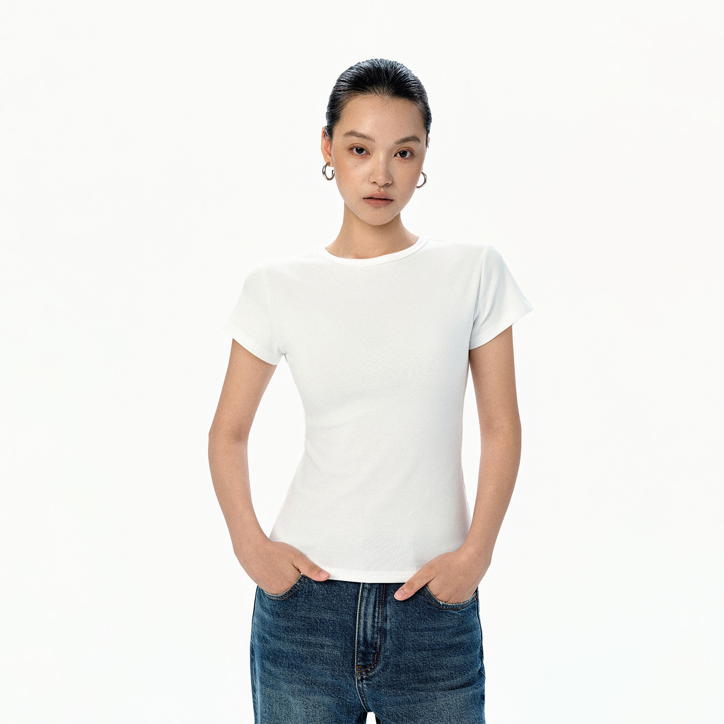 LEpure极简修身短袖T恤女白色正肩百搭内搭打底衫上衣简约休闲