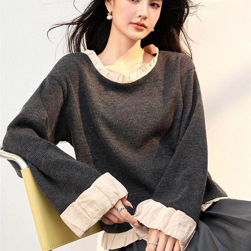 2026春季新款气质通勤宽松V领长袖T恤女绣花工艺磨毛元素平板布