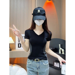 GjV领正肩短袖 新款 辣妹小心机设计显瘦上衣女装 撞色收腰T恤夏季