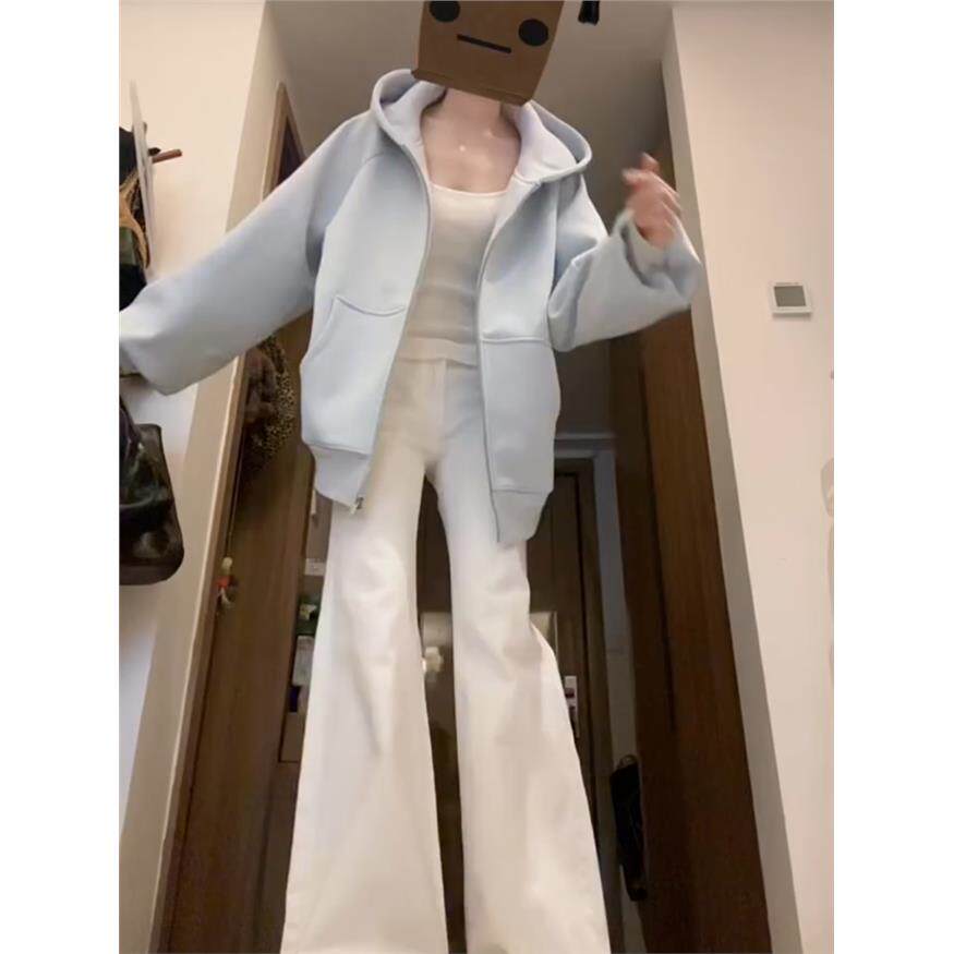 韩系巨好看浅蓝色卫衣外套女早春秋装初中生连帽拉链开衫oversize