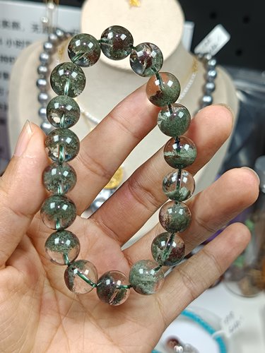 4056-卡11+巴西老矿绿幽灵聚宝盆半盆手串，颗颗半盆景美，证书