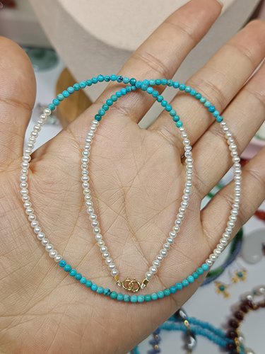 3857-“蔚蓝鱼子酱”18K金卡2-2.5天然珍珠原矿绿松项链，40cm