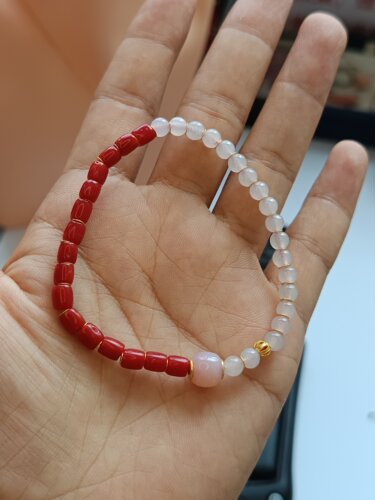 075-卡4+红海鲜直切翡翠手串，18K金隔片及配珠