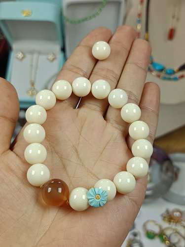 4353-10+冰料猛犸牙手串，18K金隔片，配珠南红，24K原矿绿松小花