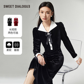 dialogue 叙适 赫本风高端气质翻领丝绒长袖 sweet 连衣裙女中长款