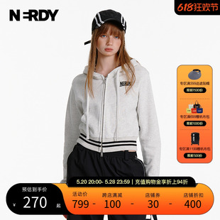 新款 NERDY2024春季 学院双线设计罗纹连帽卫衣外套女上衣