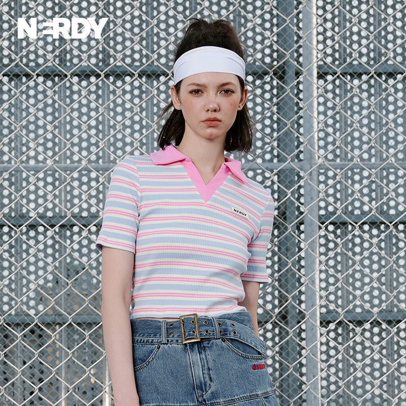 NERDY2023夏秋新款撞色条纹女款短袖polo领修身显瘦t恤女上衣潮