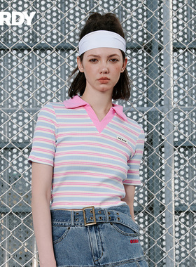 NERDY2024夏季新款撞色条纹女款短袖polo领修身显瘦t恤女上衣潮