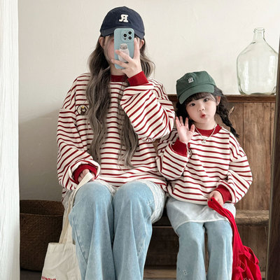 条纹卫衣亲子装一家四口休闲装