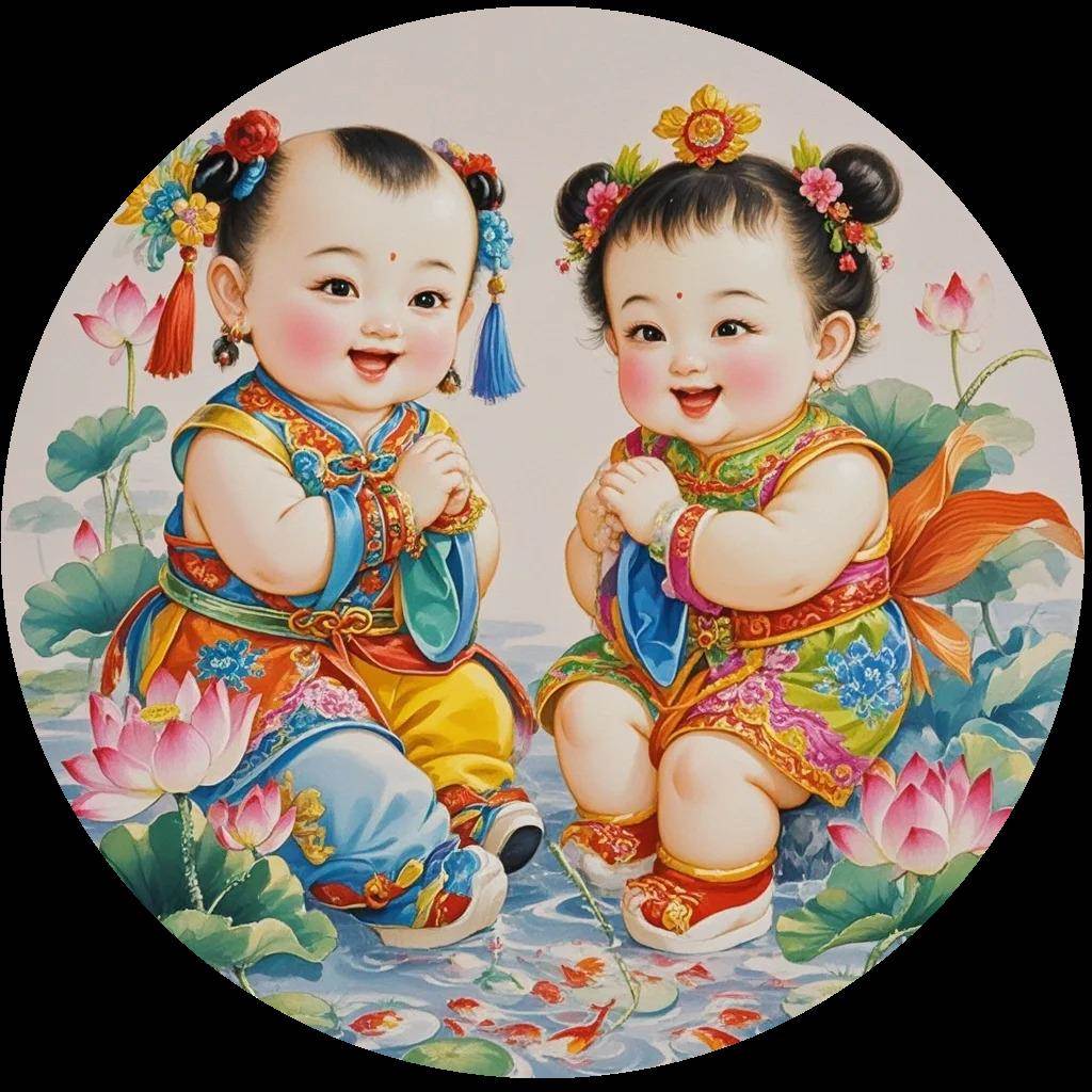 中国风招财福娃宝宝圆形贴纸门窗衣柜玄关客厅墙壁自粘防水贴纸画
