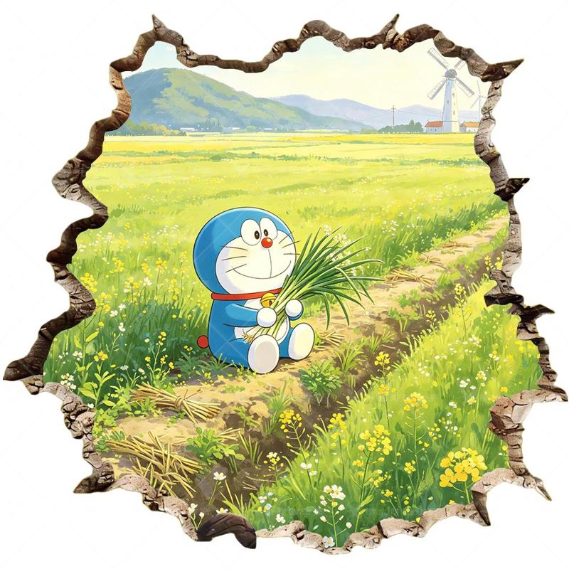 3D立体视觉蓝胖子春日田野贴纸防水自粘哆啦A梦柜门墙面装饰贴花