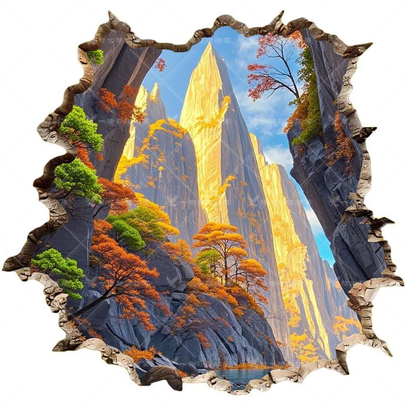 3D立体视觉汤秋天的景色墙贴画唯美风景划痕装饰贴纸餐厅贴花