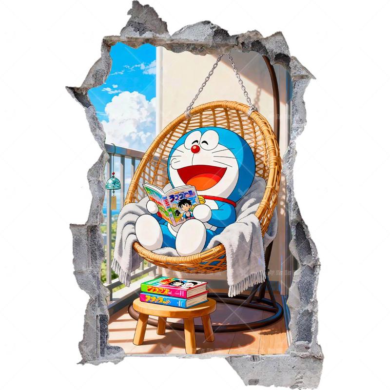 3D视觉破洞哆啦A梦宅家墙贴画儿童房卡通装饰自粘贴纸电动车贴花