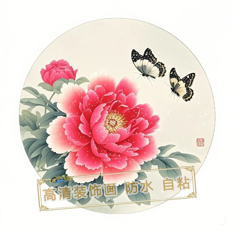 富贵圆形牡丹花高级自粘贴画防水装饰门框窗户室内墙上房间宿舍贴