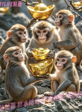 金猴献宝猴子生肖贴画门窗墙贴纸高级背景贴饰吉祥遮丑自粘装饰画