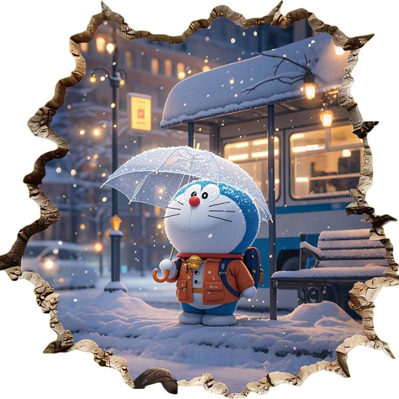 3D立体视觉破洞哆啦A梦墙贴画雪夜里的等候防水自粘贴纸电动车贴