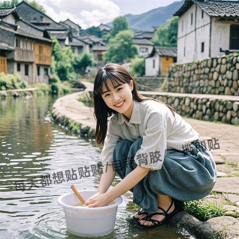 勤劳朴素少女洗衣服海报贴纸墙面门窗怀旧8090乡村防水贴纸自粘贴