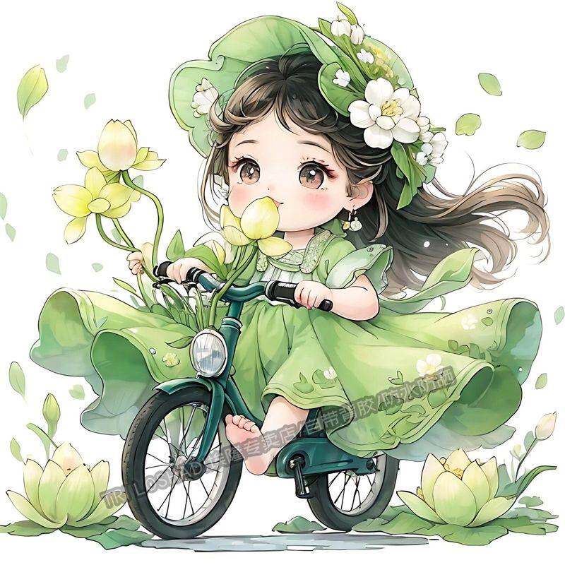 治愈系荷花单车小女孩车身贴画墙上门窗冰箱装饰遮瑕唯美贴画自粘
