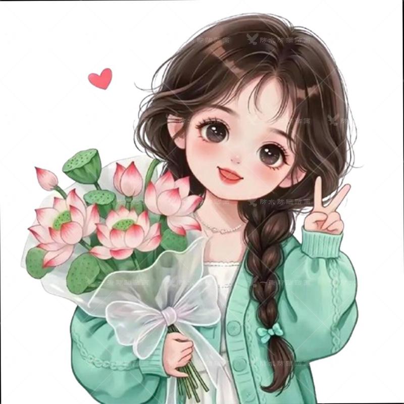 系可爱小女孩自粘贴画呆萌小姑娘手捧荷花车贴纸电动车贴门贴