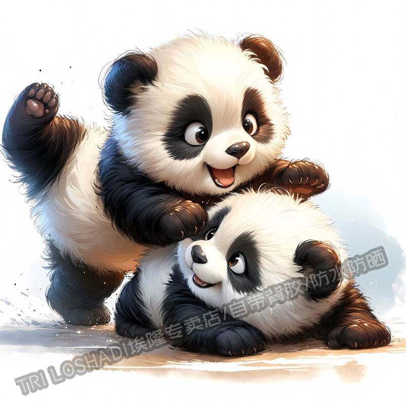 两小只可爱熊猫玩耍贴纸浴室马桶贴花墙上门窗遮丑治愈贴画纸自粘
