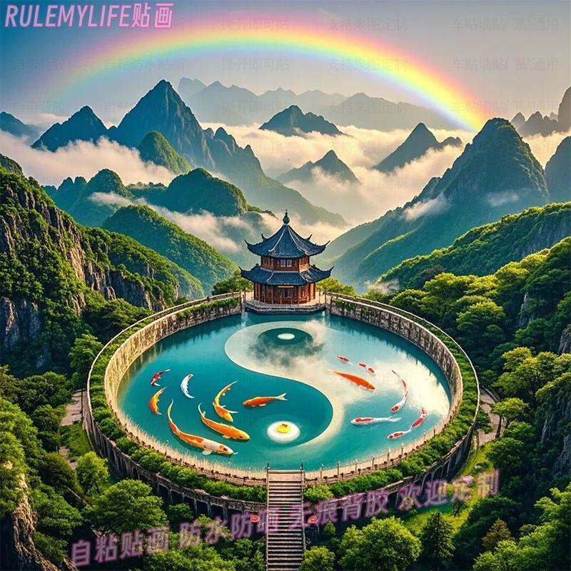 山水风景画太极锦鲤转运贴画墙贴壁画自贴纸门贴沙发背景图装饰画