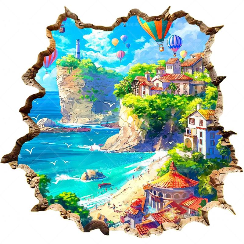 3D立体视觉海边热气球小镇墙贴画卧室梦幻风景防水贴纸车门冰箱贴