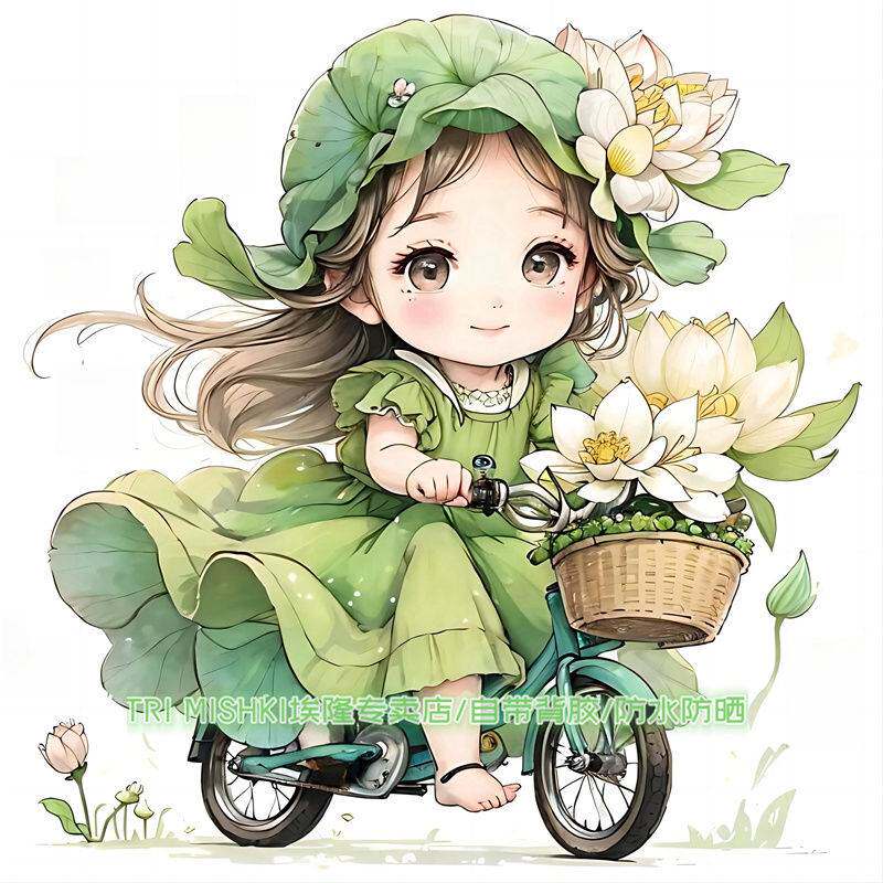 治愈系穿着绿色裙子的女孩骑车贴纸儿童房幼儿园墙面装饰贴防水贴