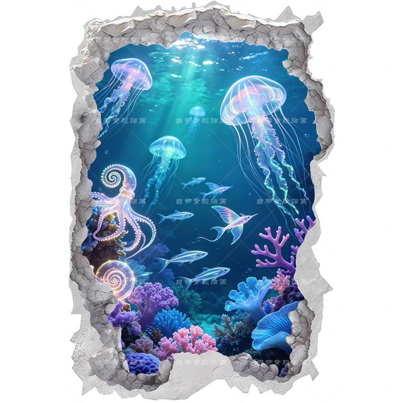 炫彩海底珊瑚3D破洞墙贴厨卫冰箱柜门创意防水装饰贴纸电动车贴花