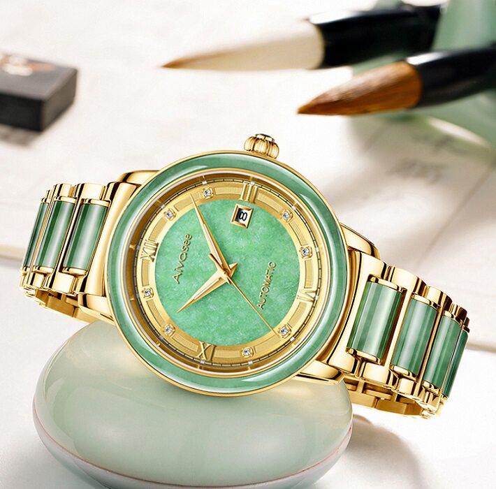 天然翡翠玉石手表女款机械表 轻奢小众青玉金表男纯金色男表女表