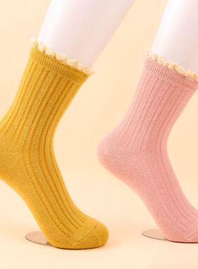 5/10双装袜子女中筒日系女袜秋冬季中厚韩版潮流花边袜个性