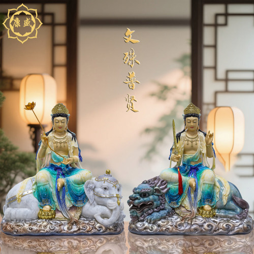 文殊普贤菩萨佛像汉白玉供奉举剑文殊普贤坐兽像居家供奉中式摆件