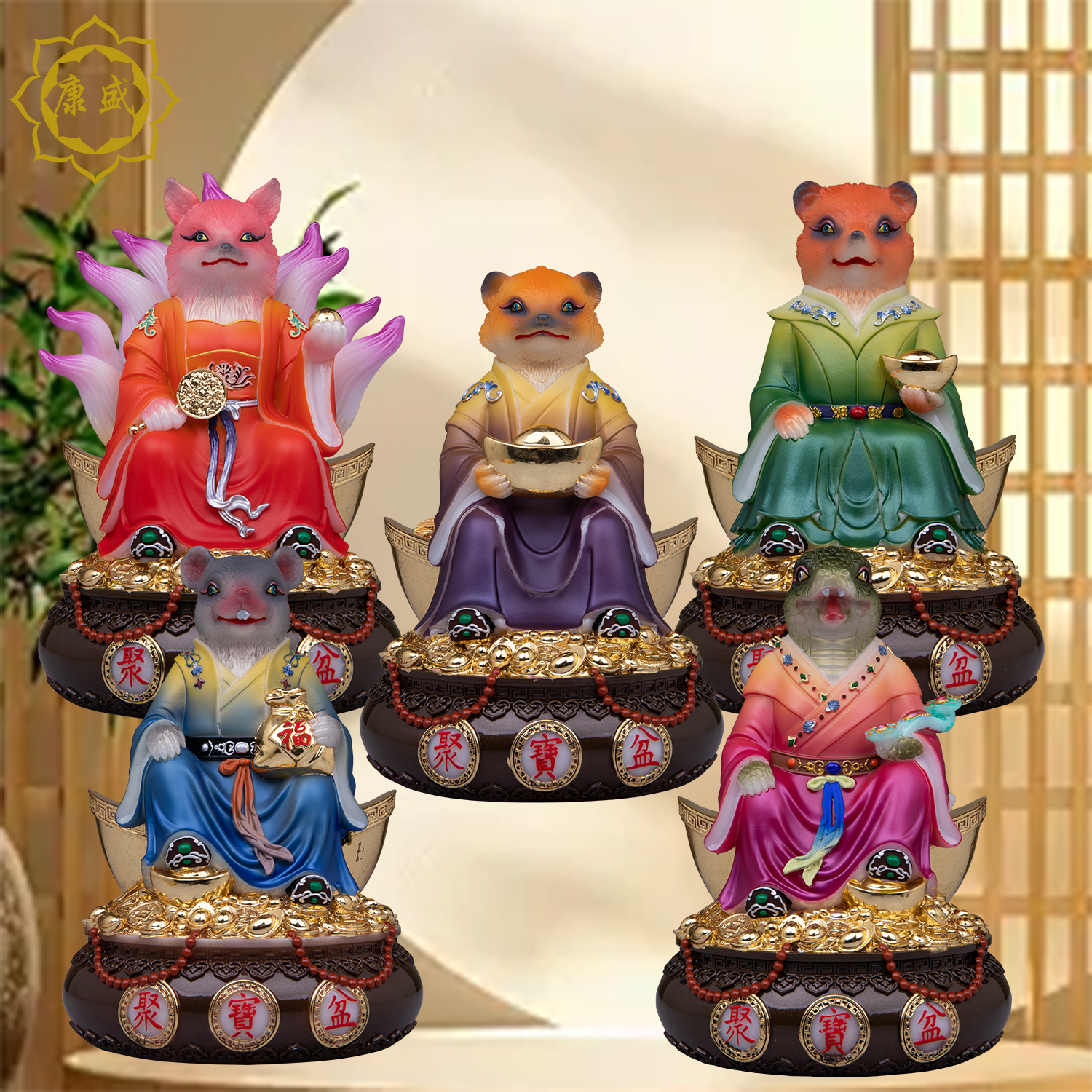 东北五大族真身汉白玉彩绘狐黄白柳灰蛇家用聚宝盆堂口供奉摆件